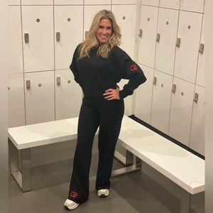 Onzie knit hoodie and wide leg pant sweatsuit CycleBar branded
